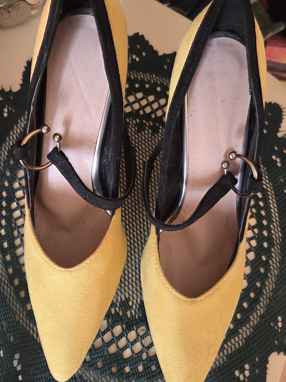 Mustard Yellow Faux Suede Block Heel Pumps Ring Buckle Sz 41 / US 10